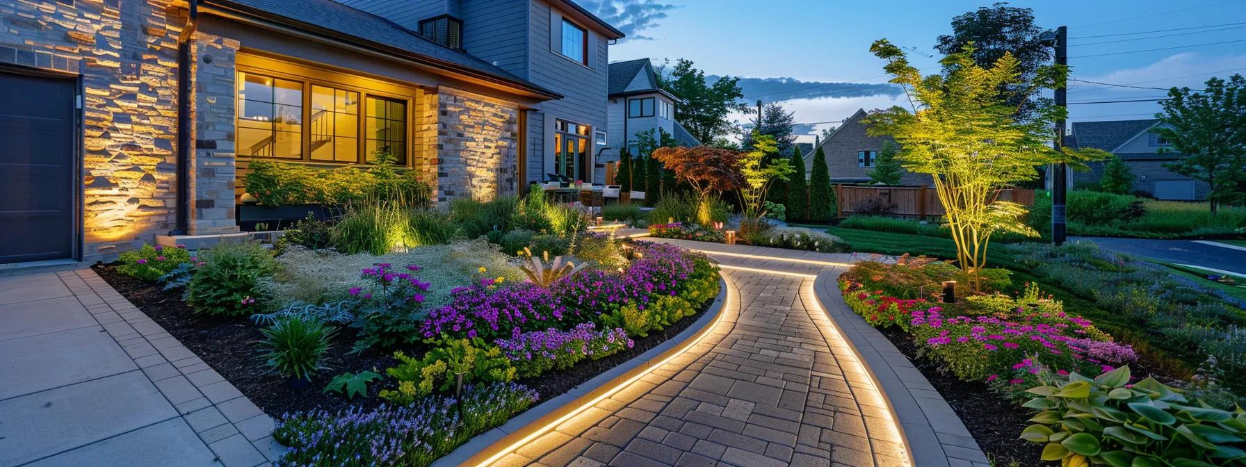 a vibrant residential landscape renovation showcases colorful flower beds and artistic paver pathways, illuminated under soft, synthetic lighting in a modern suburban backyard, exemplifying the transformative impact of professional landscaping services. a vibrant residential landscape renovation showcases colorful flower beds and artistic paver pathways, illuminated under soft, synthetic lighting in a modern suburban backyard, exemplifying the transformative impact of professional landscaping services.