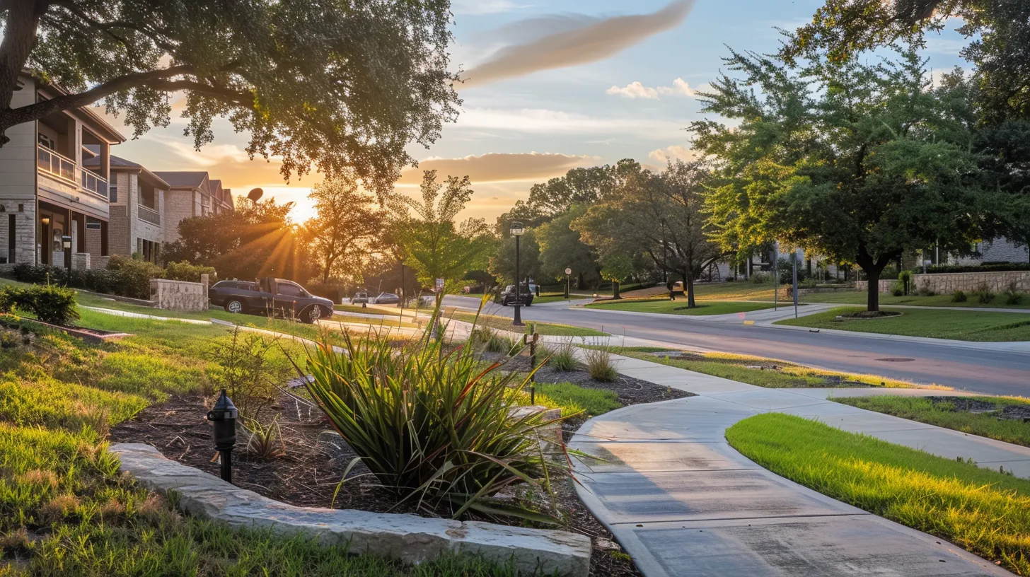 a vibrant residential neighborhood in harker heights, tx, bathed in golden hour light, showcases modern single-family homes with contemporary designs, lined sidewalks, and welcoming trees, embodying the ideal family living atmosphere. a vibrant residential neighborhood in harker heights, tx, bathed in golden hour light, showcases modern single-family homes with contemporary designs, lined sidewalks, and welcoming trees, embodying the ideal family living atmosphere.