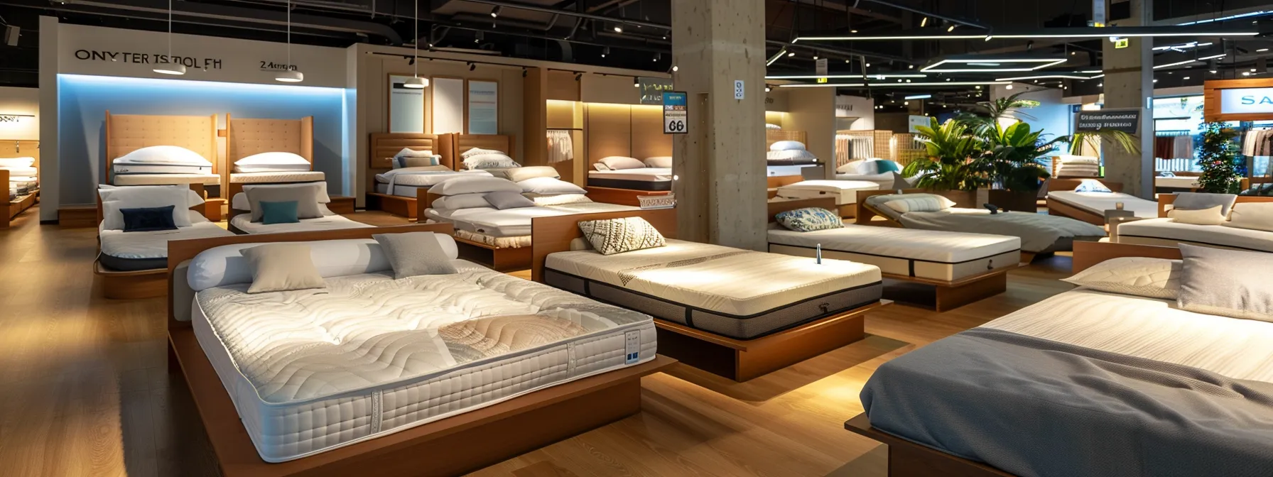 a vibrant retail display showcasing various mattresses and adjustable beds, emphasizing clear price tags and promotional signs during a bustling sales event, illuminated by soft overhead lighting that highlights the soothing textures and colors. a vibrant retail display showcasing various mattresses and adjustable beds, emphasizing clear price tags and promotional signs during a bustling sales event, illuminated by soft overhead lighting that highlights the soothing textures and colors.