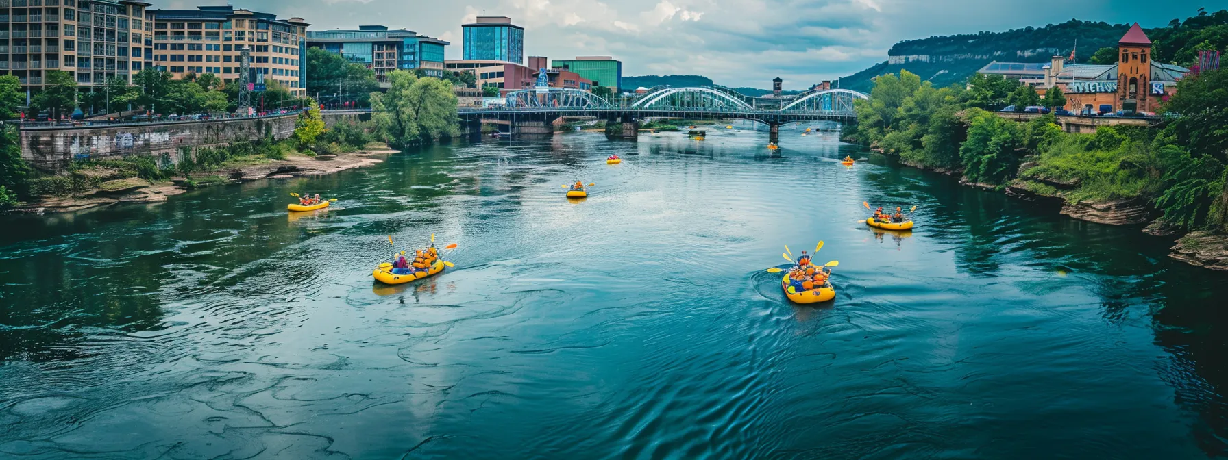 a vibrant river rafting scene in chattanooga, bustling with excited rafters navigating through energetic waters, showcasing summer adventure gear while highlighting the importance of safety and awareness amidst the lively surroundings.