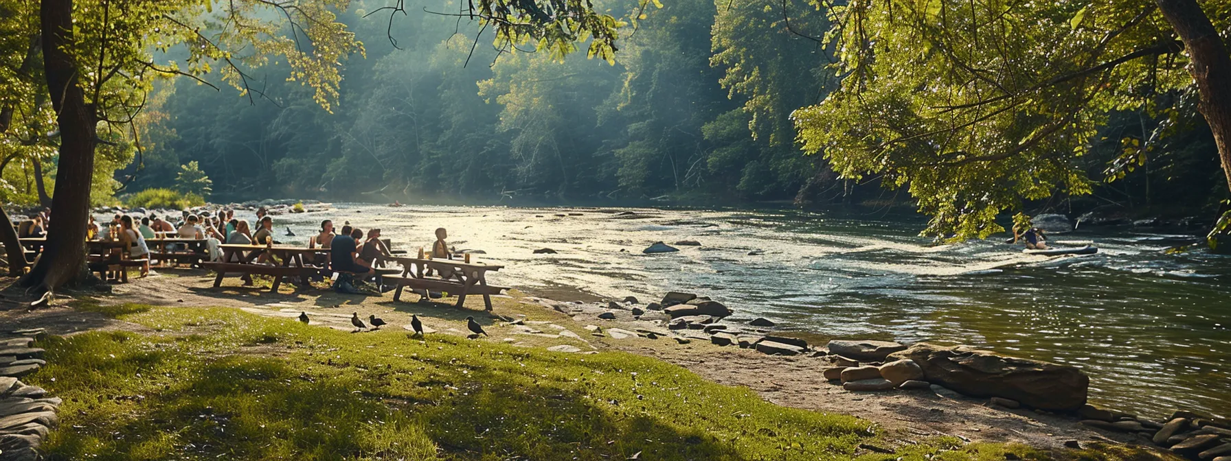 a vibrant riverside picnic scene captures diners relishing local cuisine against the stunning backdrop of the lush ocoee river, bathed in warm sunlight with the sound of flowing water in the air.