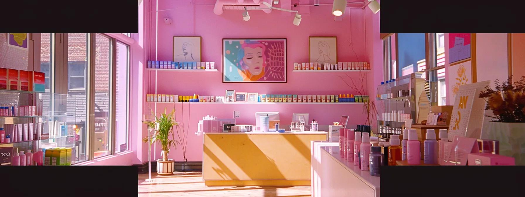 a vibrant salon interior on fulton street displays enticing brow waxing promotions, with stylish decor and elegantly arranged products creating an inviting atmosphere for beauty enthusiasts.