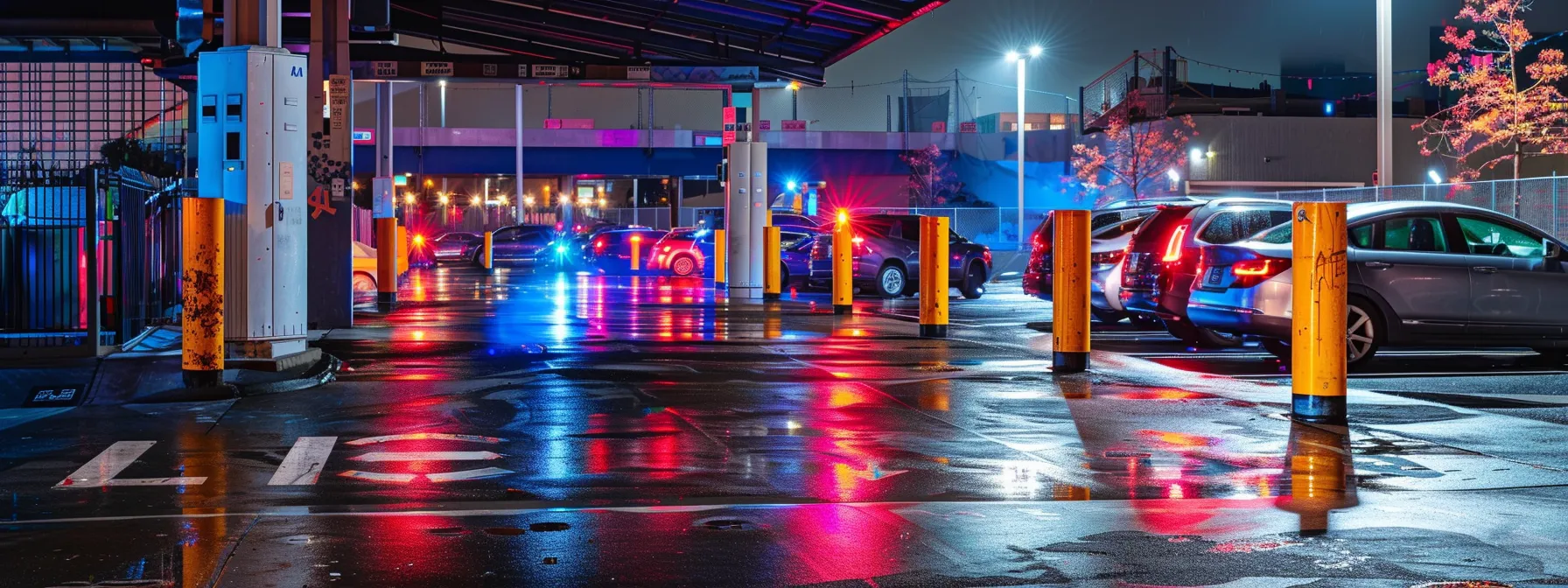 a vibrant san diego parking lot features strategically placed light-colored wheel stops, framing parked vehicles while clearly demonstrating their protective role against potential collisions with fences and utility boxes under bright overhead lighting.