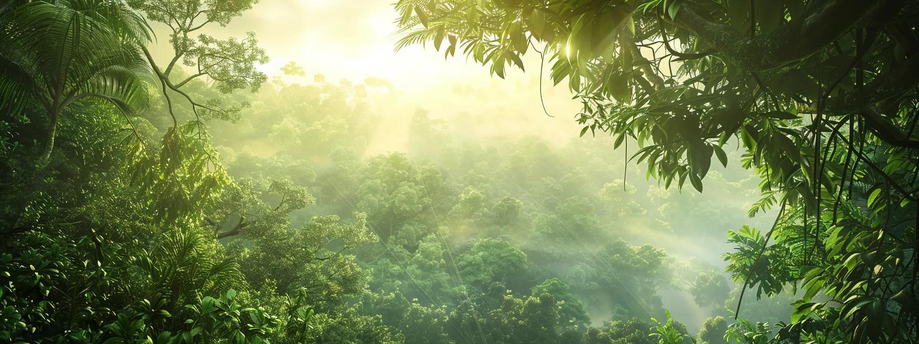 a vibrant scene captures a dynamic couple zip-lining through the lush rainforest canopy of costa rica, with exhilaration on their faces and a breathtaking view of emerald foliage stretching into the horizon.
