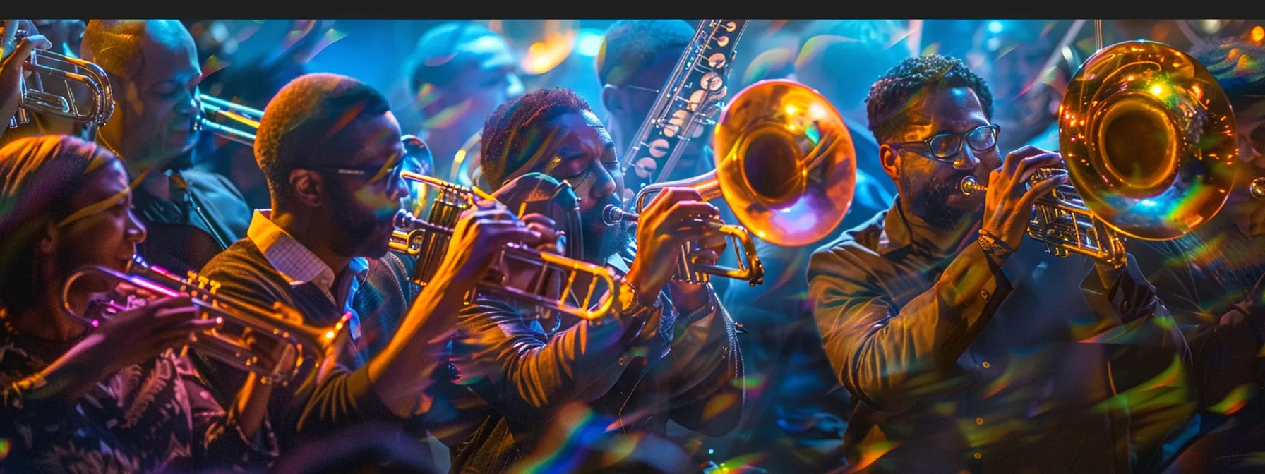 a vibrant scene captures a diverse group of musicians joyfully interacting and collaborating in a community orchestra setting, illuminated by warm, soft lighting that enhances the sense of camaraderie and musical passion.