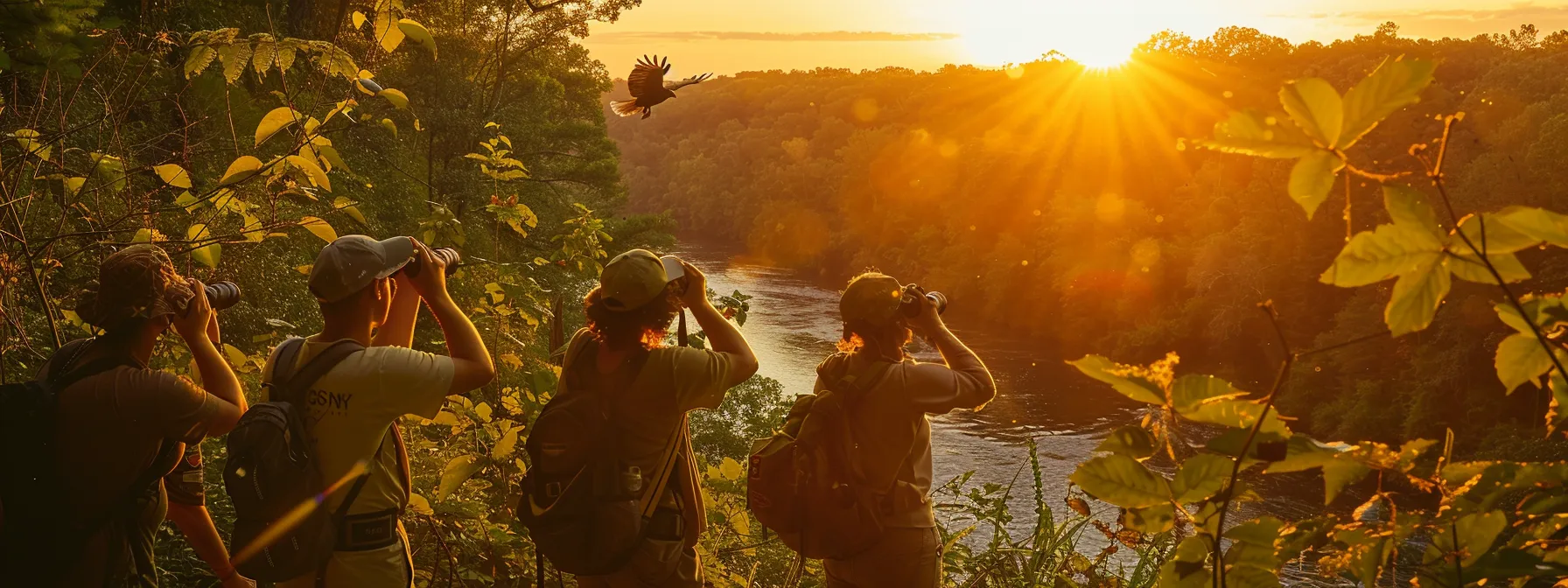 a vibrant scene captures a diverse group of birdwatchers, binoculars in hand, enthusiastically observing a majestic hawk soaring over the scenic ocoee river, surrounded by lush greenery under a golden sunset.