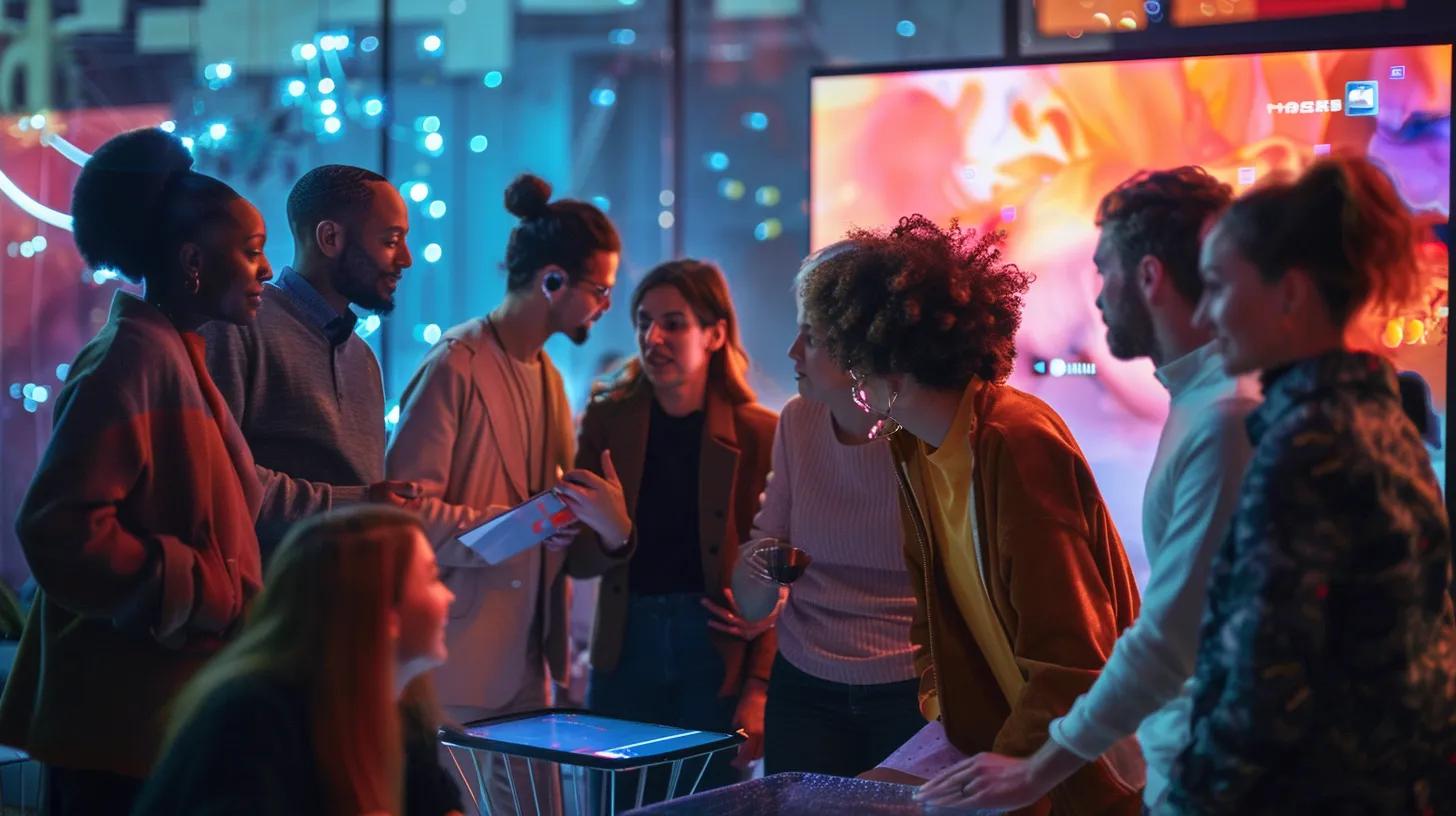 a vibrant scene captures a diverse group of engaged users gathered around a digital interface, sharing insights and educational resources on hearing health, radiating a sense of community and empowerment.