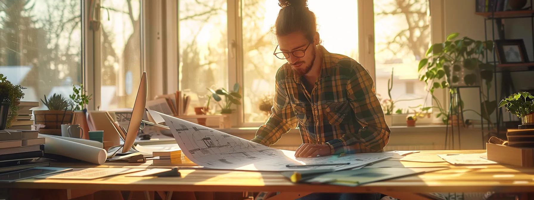 a vibrant scene captures a focused architecture student immersed in their design process, surrounded by intricate blueprints and advanced cad software, showcasing the fusion of creativity and technical skill in a sunlit studio filled with artistic inspiration.