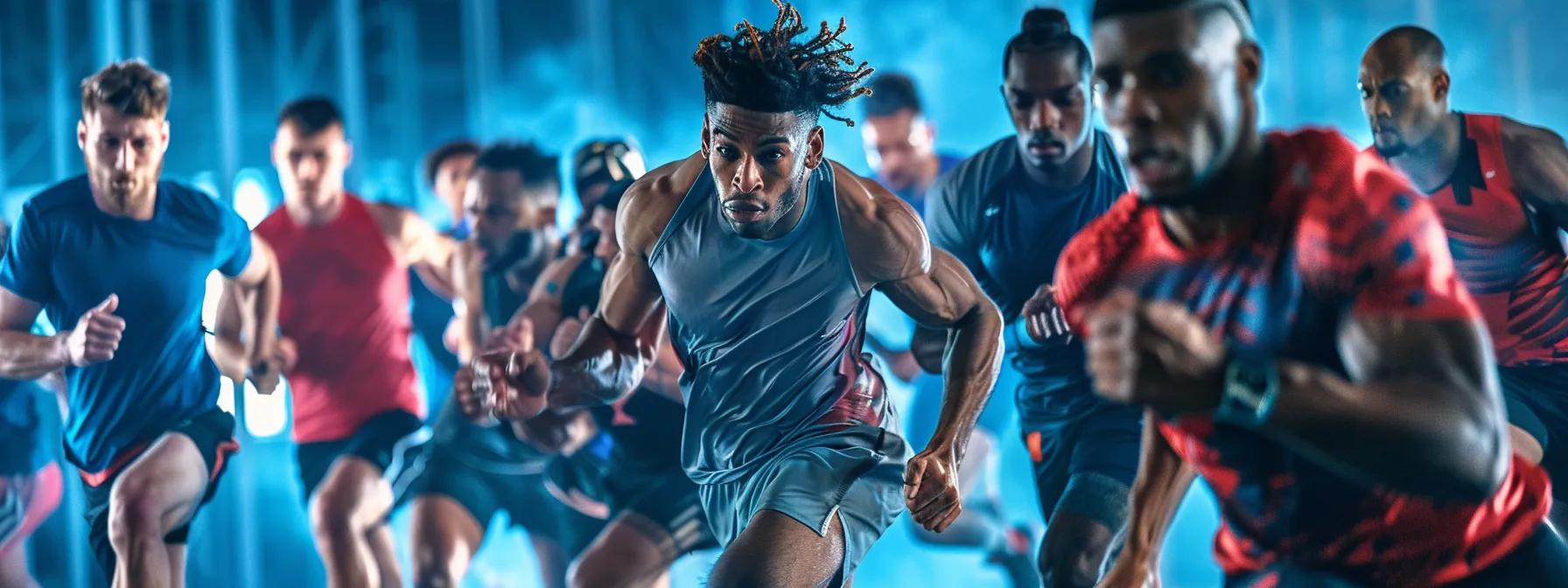 a vibrant scene captures a diverse group of athletes engaged in an energetic training session, surrounded by educational sports nutrition materials that symbolize commitment to customer support and performance enhancement.