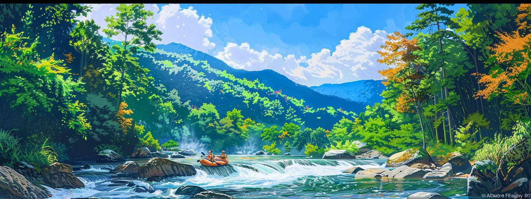 a vibrant scene captures a colorful family raft gliding through the white-capped rapids of the ocoee river, framed by the lush greenery of the smoky mountains under a clear blue sky. a vibrant scene captures a colorful family raft gliding through the white-capped rapids of the ocoee river, framed by the lush greenery of the smoky mountains under a clear blue sky.