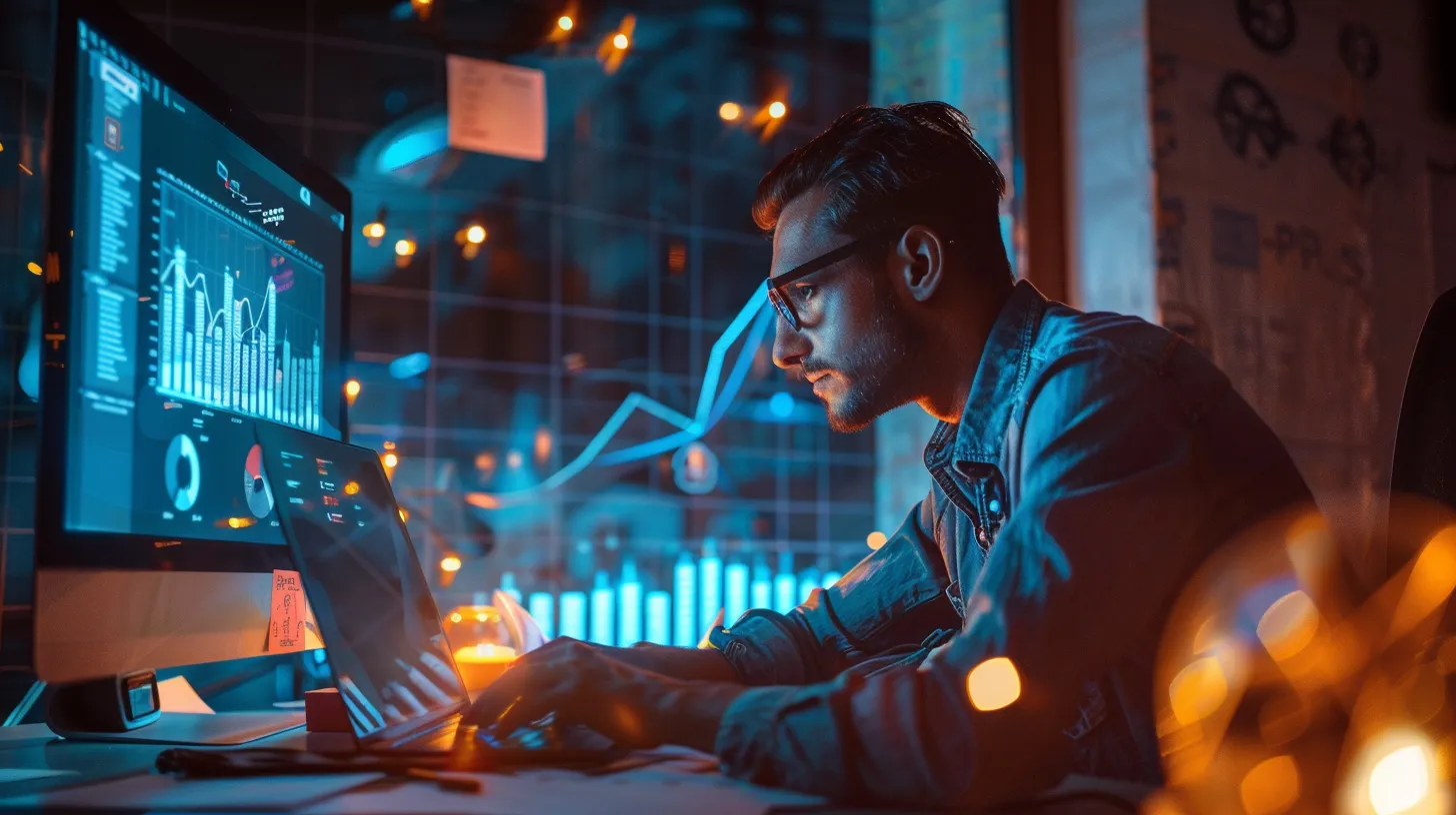 a vibrant scene capturing a local entrepreneur analyzing competitor data on a sleek laptop, surrounded by a dynamic workspace filled with charts and graphs, symbolizing strategic growth and innovation in digital marketing.