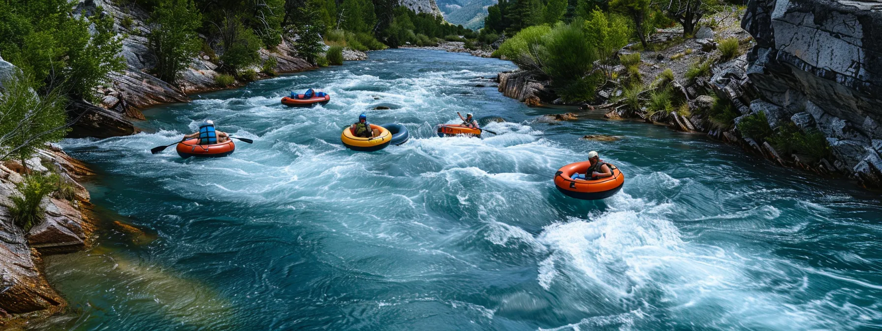 a vibrant scene capturing a group of thrill-seekers tubing down a lively river with powerful rapids, strategically timed for maximum excitement, as they navigate dynamic water features amidst an energetic backdrop, showcasing the essence of adventure and safety.