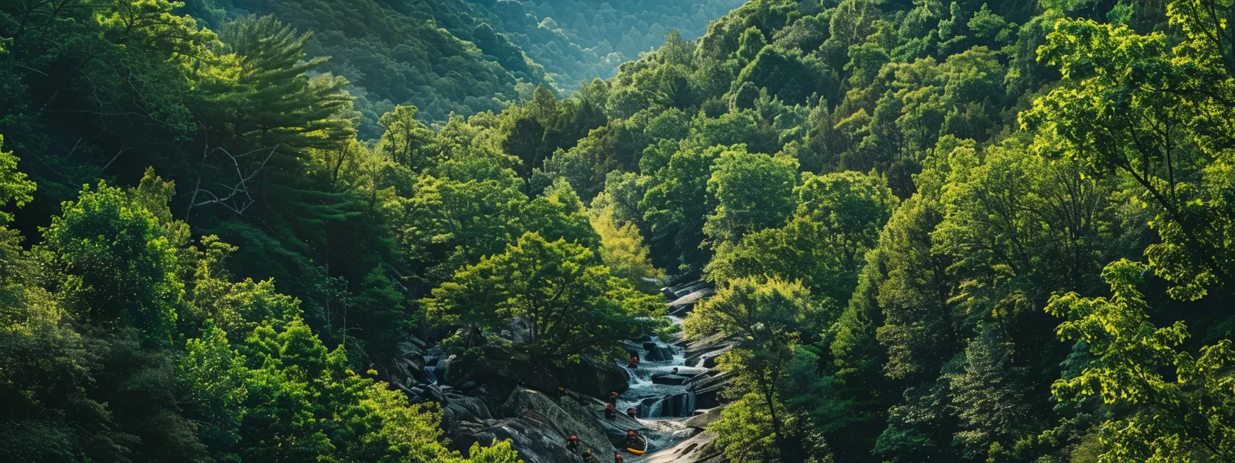 a vibrant scene capturing a group of adventurous rafters navigating the thrilling rapids of the ocoee river, framed by the lush greenery and majestic cliffs of the great smoky mountains under a clear blue sky.