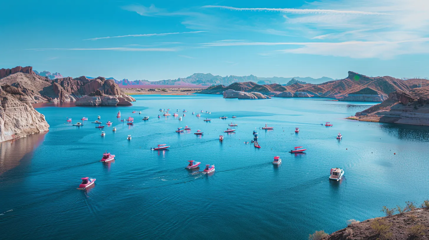 a vibrant scene capturing a flotilla of distinctive pink boats gliding across the shimmering waters of lake pleasant, with arizona's rugged shoreline and clear blue sky providing a striking backdrop to the whimsical adventure experience. a vibrant scene capturing a flotilla of distinctive pink boats gliding across the shimmering waters of lake pleasant, with arizona's rugged shoreline and clear blue sky providing a striking backdrop to the whimsical adventure experience.