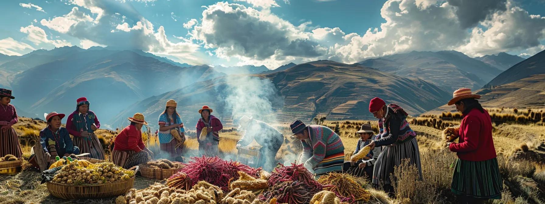 a vibrant scene capturing travelers in traditional andean attire as they expertly forage for native tubers amid the breathtaking landscapes of peru's sacred valley, transitioning seamlessly from high-altitude hikes to an inviting community kitchen filled with aromatic ingredients, weaving the rich tapestry of culture and cuisine.