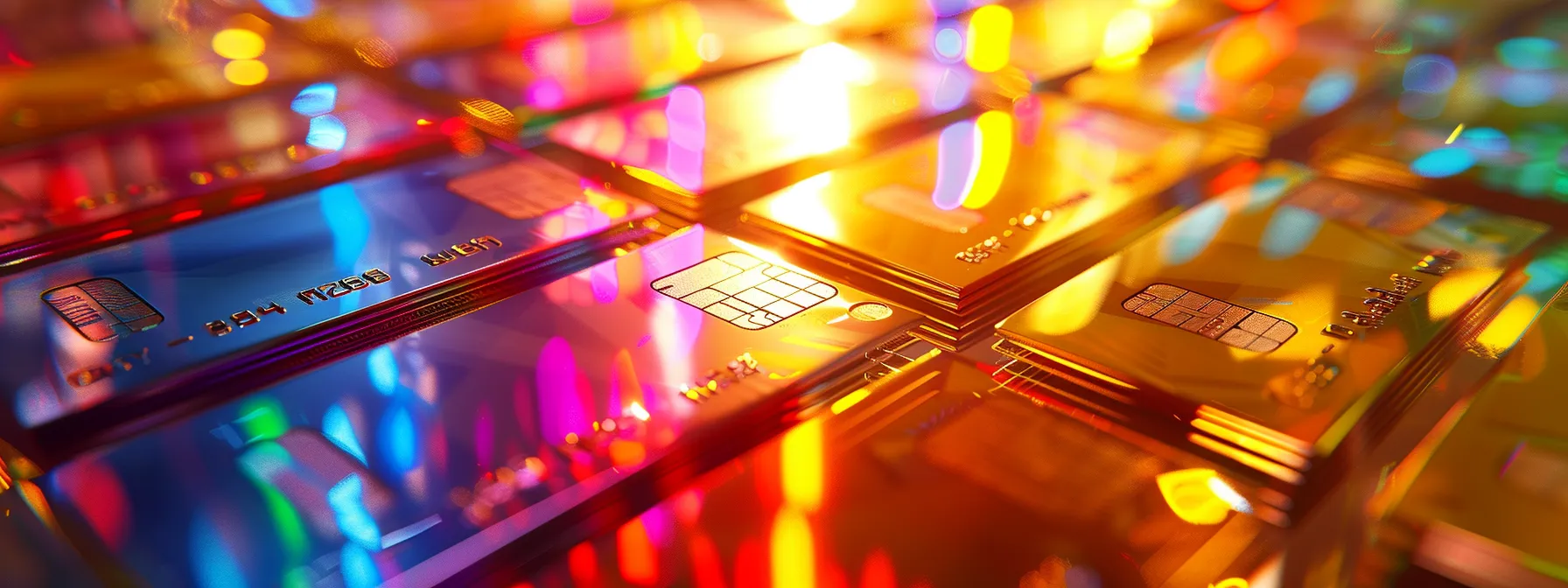 a vibrant scene featuring an array of colorful credit cards artfully arranged against a sleek, reflective surface, with warm lighting highlighting their glossy finishes and capturing the essence of luxury and abundant rewards. Top Rated Rewards Credit Cards for Savvy Shoppers