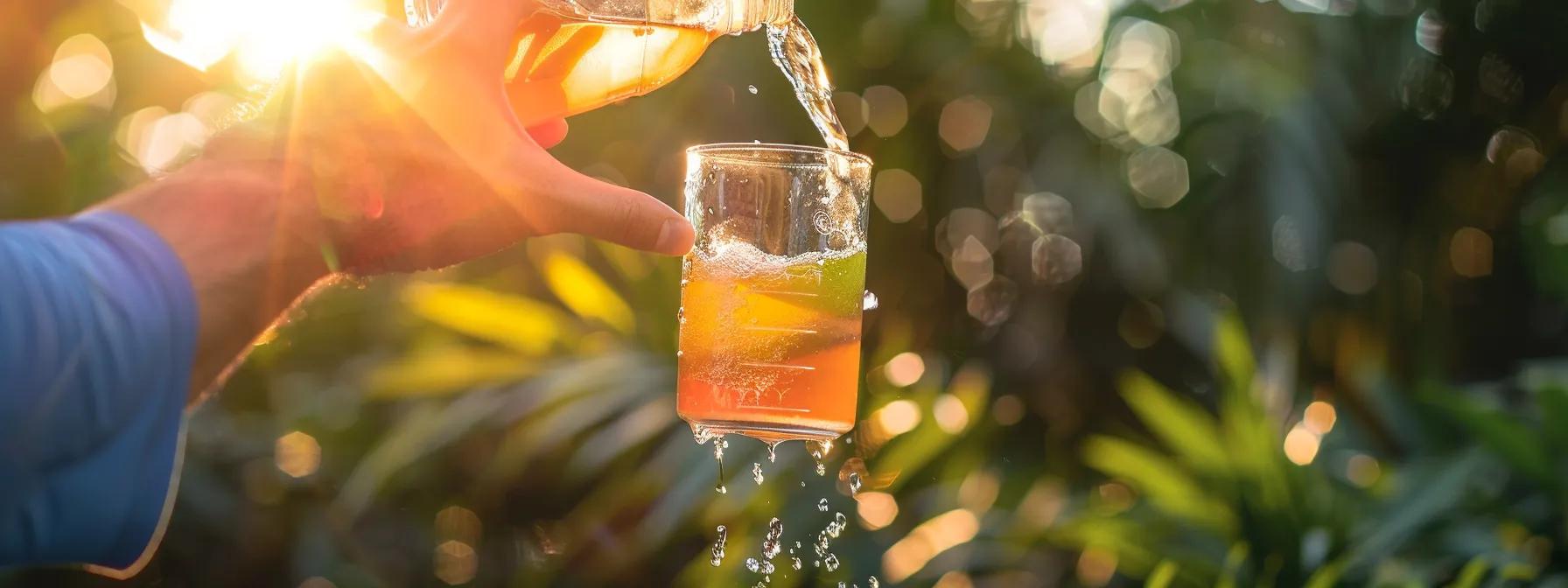 a vibrant scene of a fit athlete in an outdoor setting, dynamically pouring a colorful electrolyte drink into a clear glass, with morning sunlight illuminating lush greenery in the background, symbolizing the vitality and energy of proper hydration before and after workouts.