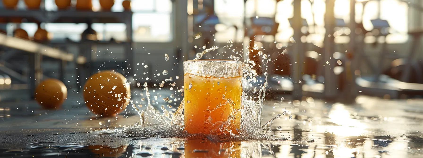 a vibrant scene of a refreshing electrolyte drink being poured into a clear glass, surrounded by splashing water droplets, with a backdrop of dynamic workout equipment and a bright, sunlit gym setting, emphasizing hydration and recovery for athletes.