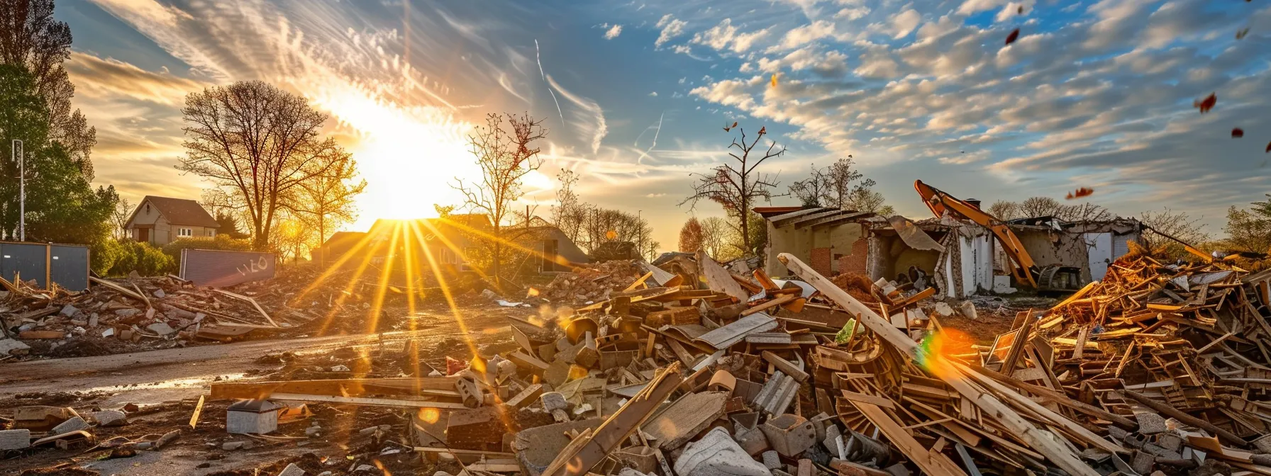 a vibrant scene of a residential demolition site, showcasing neatly sorted piles of recyclable materials under bright sunlight, emphasizing sustainable waste management and environmental responsibility amidst the debris. a vibrant scene of a residential demolition site, showcasing neatly sorted piles of recyclable materials under bright sunlight, emphasizing sustainable waste management and environmental responsibility amidst the debris.