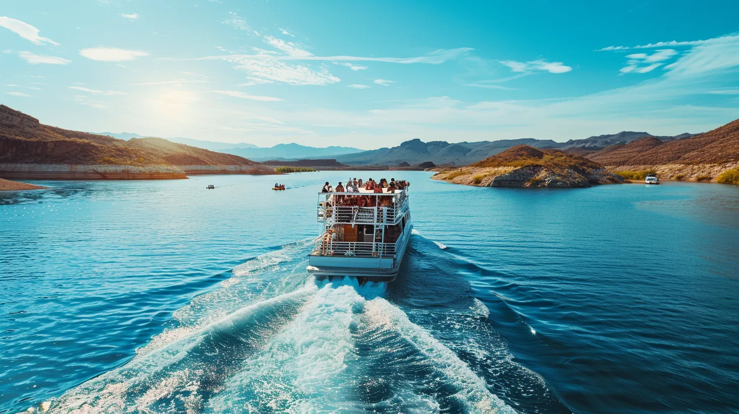 a vibrant scene of a lively bachelorette party aboard a stylish boat on lake pleasant in arizona, featuring cheerful attendees enjoying sunny weather while surrounded by the sparkling blue water and striking desert backdrop.