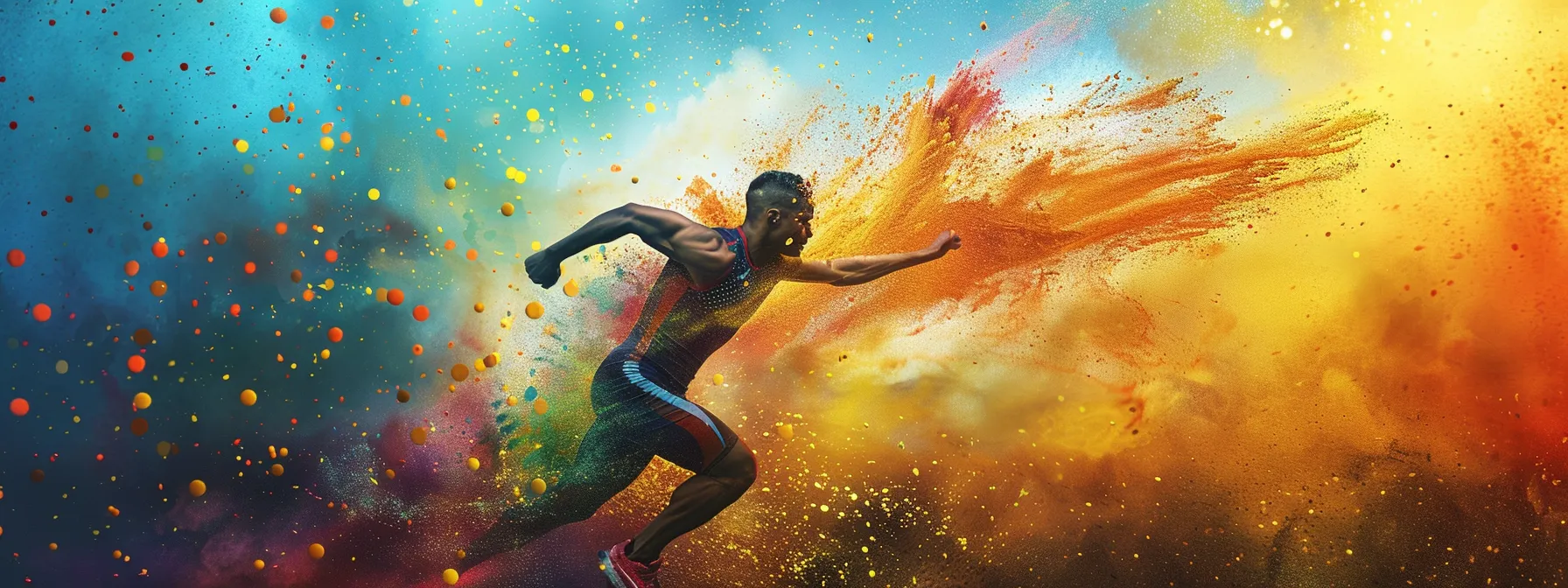 a vibrant scene of a dynamic athlete mid-workout, surrounded by colorful nutritional elements representing prolong powder, with rays of sunlight highlighting the concept of energy and endurance.
