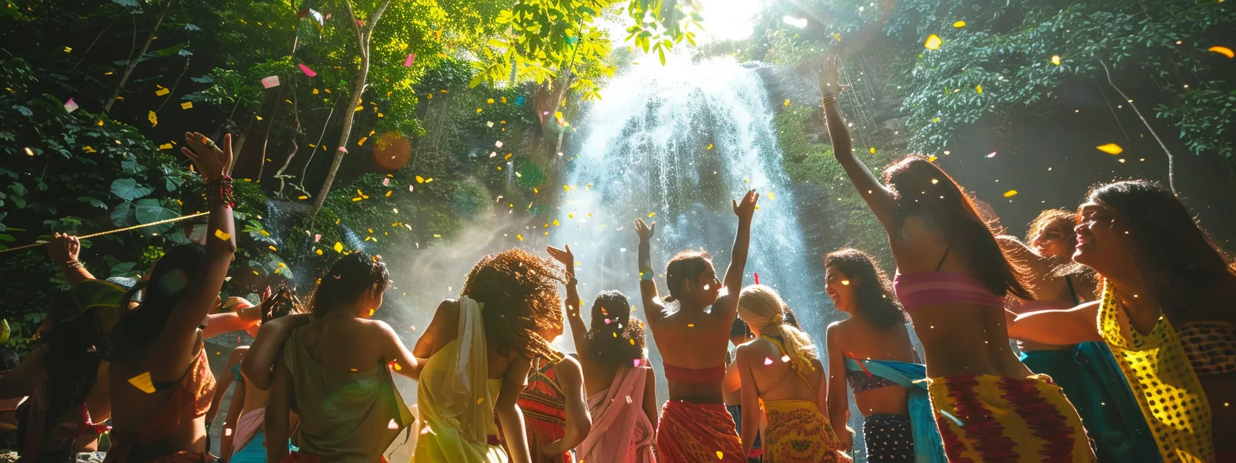 a vibrant scene of diverse women celebrating joyfully under a cascading waterfall, illuminated by sunbeams filtering through lush greenery, capturing the essence of unity and empowerment. a vibrant scene of diverse women celebrating joyfully under a cascading waterfall, illuminated by sunbeams filtering through lush greenery, capturing the essence of unity and empowerment.