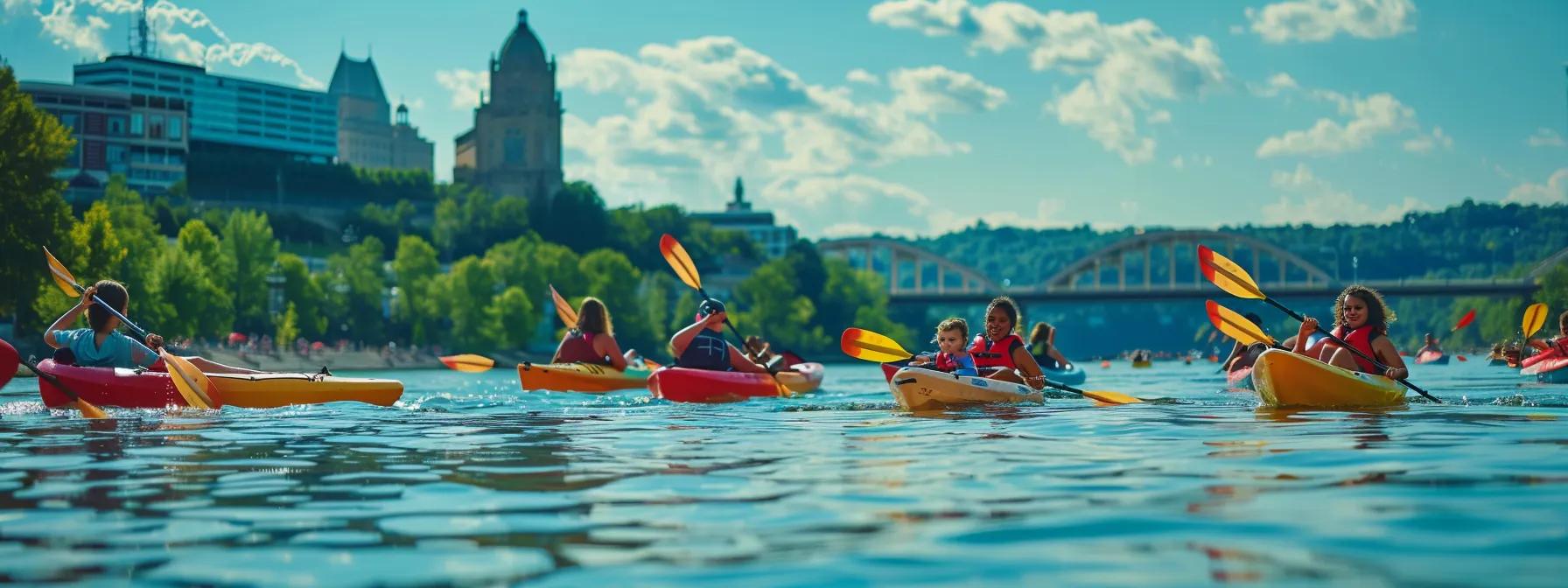 a vibrant scene of families enjoying a leisurely float trip on the tennessee river, featuring colorful kayaks and canoes against the backdrop of chattanooga's bustling urban skyline.