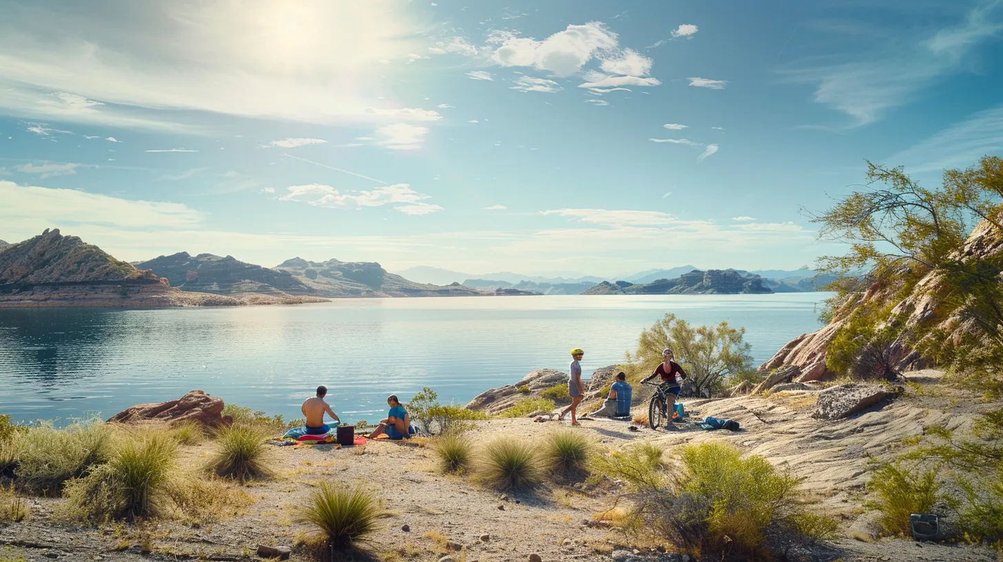 a vibrant scene of lake pleasant captures a diverse group of adventurers engaging in hiking, cycling, and picnicking along the sparkling shoreline, framed by the stunning arizona landscape under a vivid blue sky. a vibrant scene of lake pleasant captures a diverse group of adventurers engaging in hiking, cycling, and picnicking along the sparkling shoreline, framed by the stunning arizona landscape under a vivid blue sky.