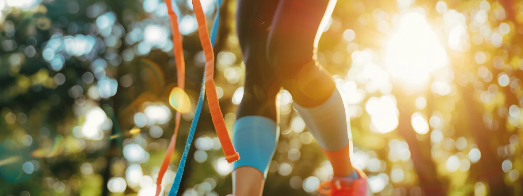 a vibrant scene showcasing a person powerfully engaging with colorful resistance bands against a bright, sunlit outdoor backdrop, emphasizing strength and resilience.