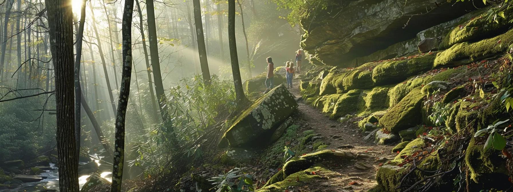 Hiker exploring secluded Blue Ridge trails surrounded by ancient trees and rocks. Hiker exploring secluded Blue Ridge trails surrounded by ancient trees and rocks.