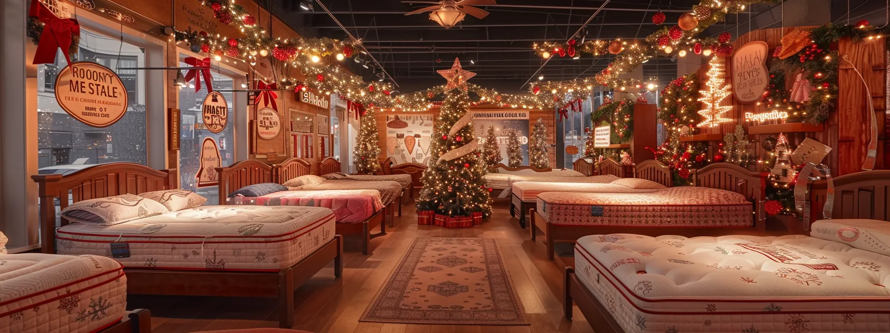 a vibrant showcase of elegantly arranged mattresses surrounded by festive decorations, capturing the essence of major holiday sales with banners highlighting memorial day, labor day, and black friday deals, all lit with warm, inviting lighting. a vibrant showcase of elegantly arranged mattresses surrounded by festive decorations, capturing the essence of major holiday sales with banners highlighting memorial day, labor day, and black friday deals, all lit with warm, inviting lighting.