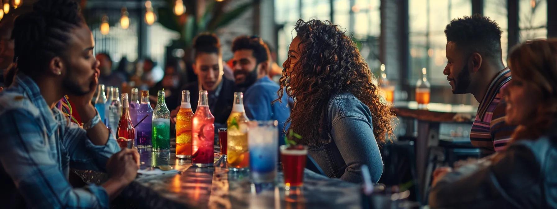 a vibrant social gathering in a modern urban bar setting showcases people engaged in lively conversation over colorful delta-9 thc-infused seltzers, highlighted by ambient lighting that captures the energy and focus enhanced by the beverages. a vibrant social gathering in a modern urban bar setting showcases people engaged in lively conversation over colorful delta-9 thc-infused seltzers, highlighted by ambient lighting that captures the energy and focus enhanced by the beverages.