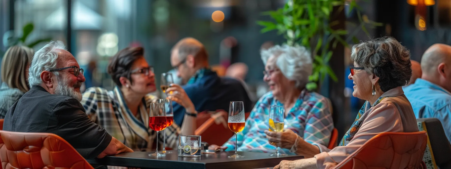 a vibrant, sophisticated gathering of diverse individuals aged 50 and above, engaged in lively conversation over elegant drinks in a modern urban lounge, showcasing the joy and vitality of life at this stage.