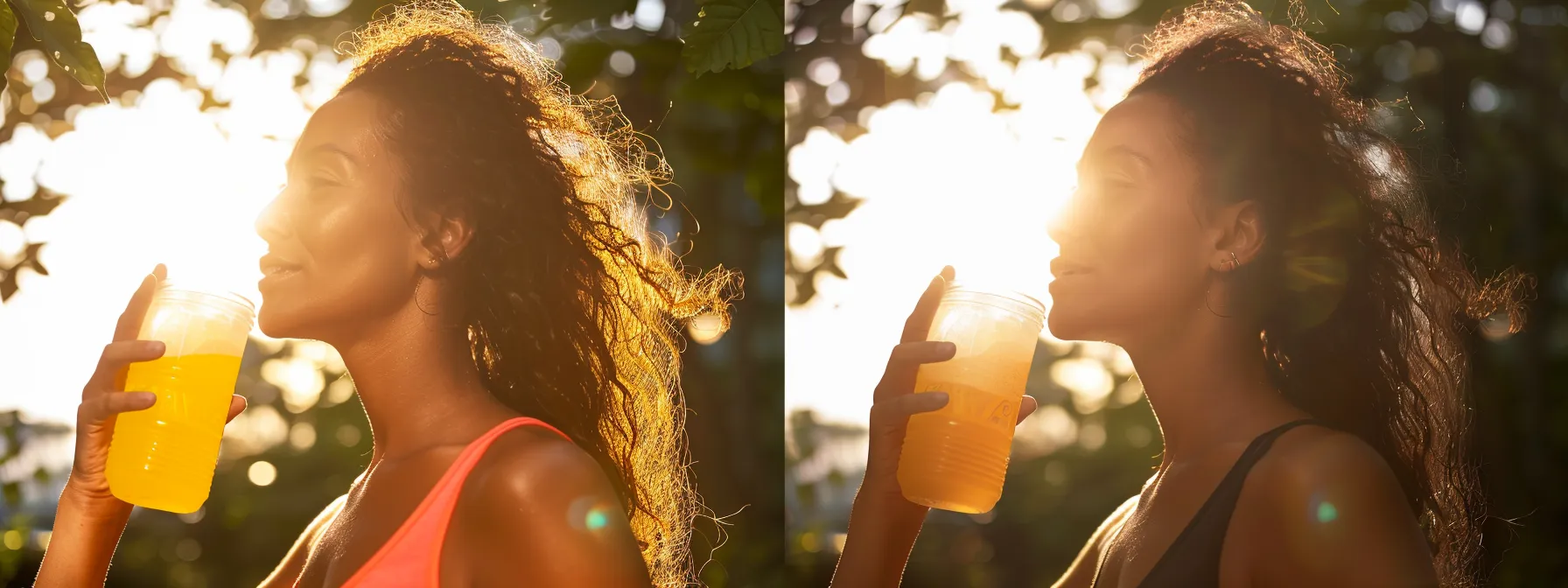 a vibrant split-image showcasing a lively individual before and after integrating vitamin c and electrolyte powder drinks into their routine, highlighting their energized demeanor and enhanced hydration in a sunlit, refreshing outdoor setting.