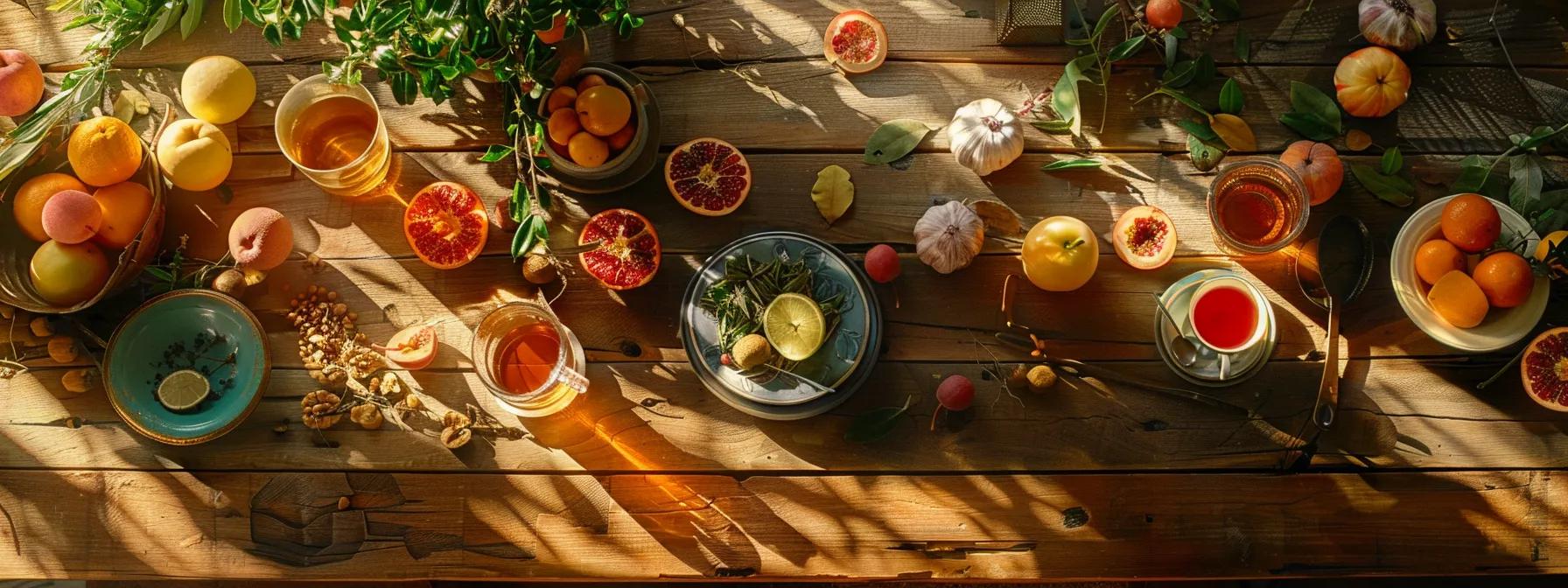 a vibrant spread of colorful fruits, herbs, and warm teas glistens on a rustic wooden table, symbolizing a nourishing winter feast for a robust immune system. a vibrant spread of colorful fruits, herbs, and warm teas glistens on a rustic wooden table, symbolizing a nourishing winter feast for a robust immune system.