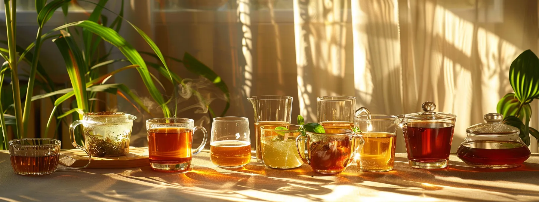 a vibrant spread of energizing coffee substitutes, like herbal teas and chicory blends, beautifully arranged in elegant glassware against a warm, sunlit backdrop, conveying a refreshing alternative to traditional coffee.