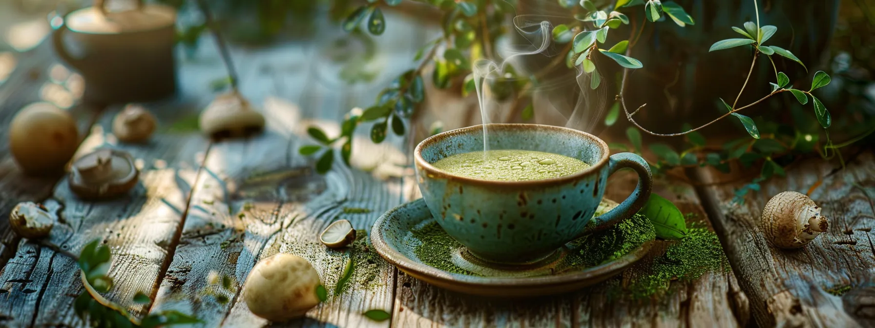 a vibrant, steaming cup of mushroom matcha sits elegantly on a rustic wooden table, surrounded by lush green mushrooms and delicate matcha powder, illuminated by soft, natural light that captures the rich hues of green and earthy tones.