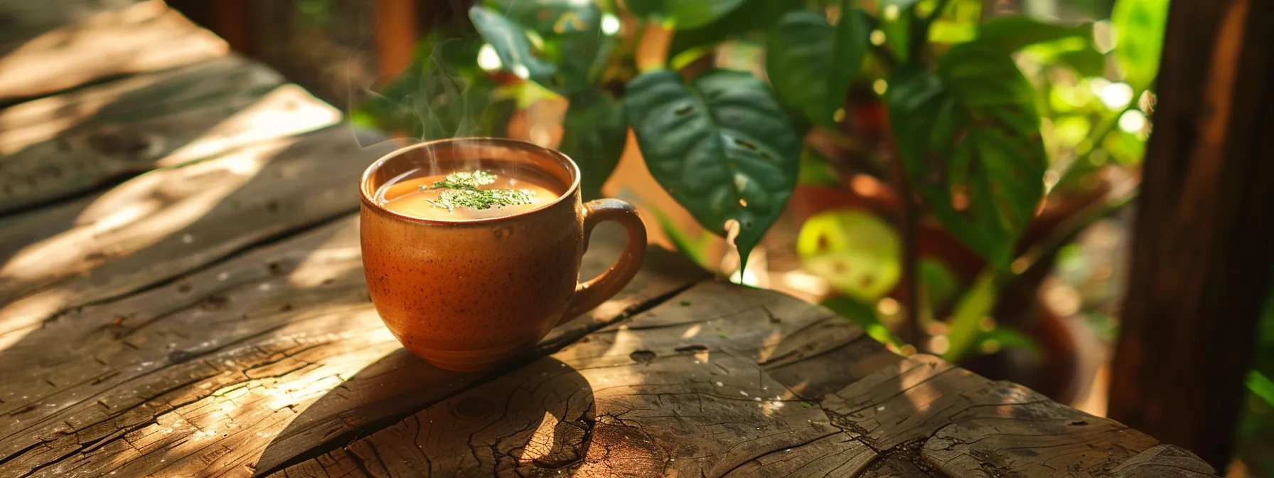 a vibrant, steaming cup of yerba mate nestled on a rustic wooden table, surrounded by lush green leaves and airy sunlight filtering through, evoking a sense of natural energy and warmth.