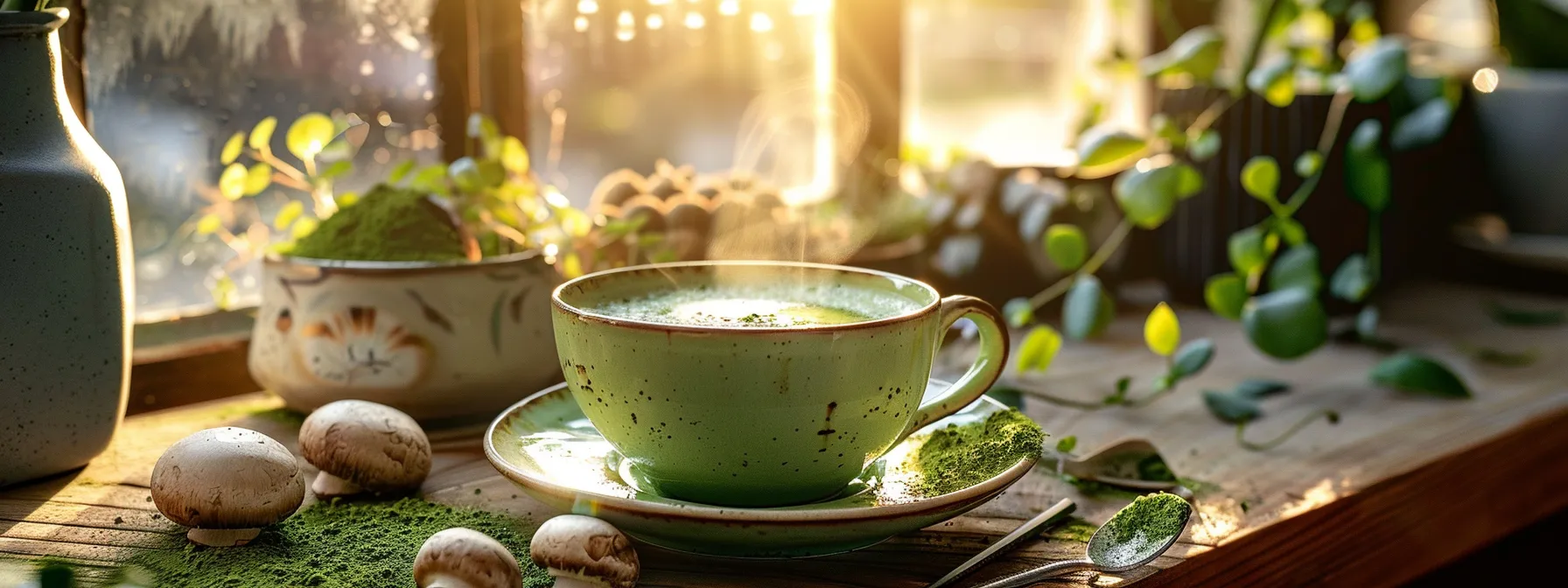 a vibrant, steaming cup of rich green mushroom matcha sits on a rustic wooden table, surrounded by fresh mushrooms and matcha powder, illuminated by soft, natural light filtering through a nearby window, embodying a serene wellness atmosphere.
