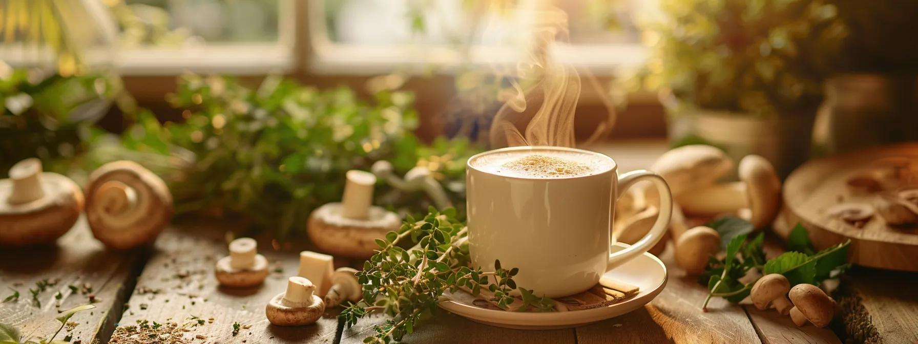 a vibrant, steaming cup of mushroom beverage sits on a rustic wooden table, surrounded by fresh organic mushrooms and herbs, illuminated by soft, natural light, embodying a modern wellness theme that promotes vitality and mental clarity.