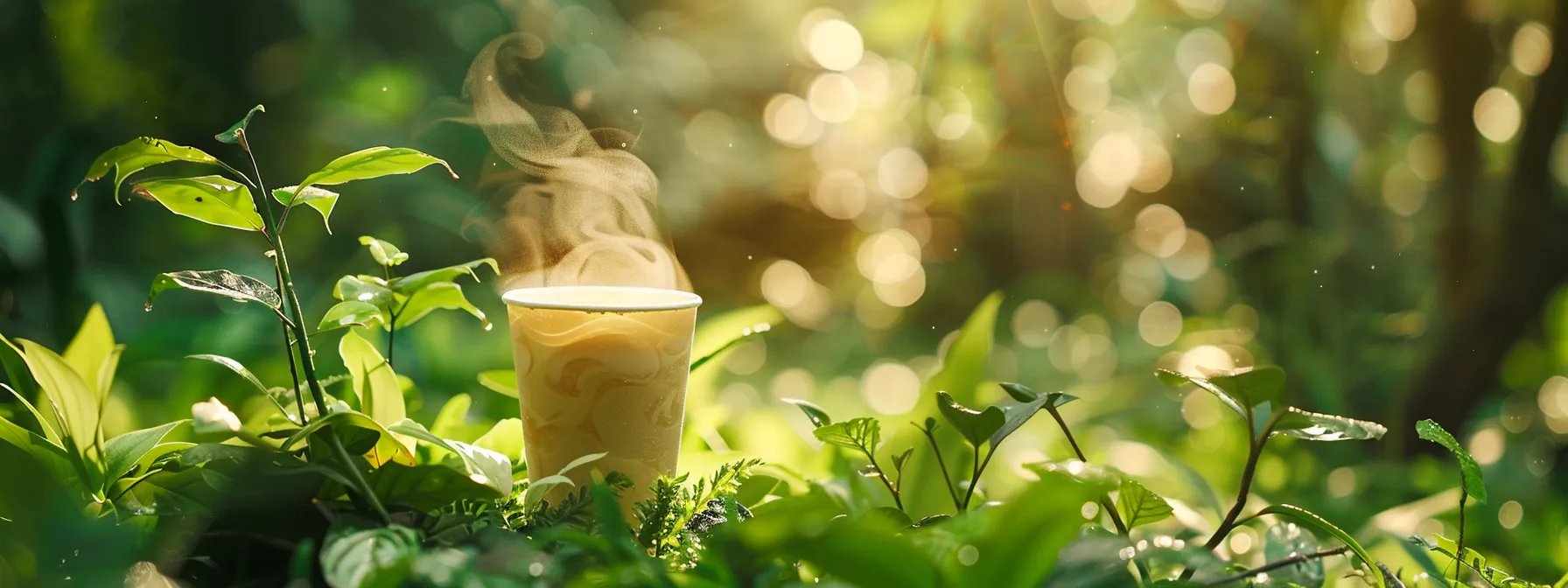 a vibrant, steaming cup of mushroom drink is set against a backdrop of lush, green forest foliage, with light filtering through the leaves, symbolizing natural energy and clarity.