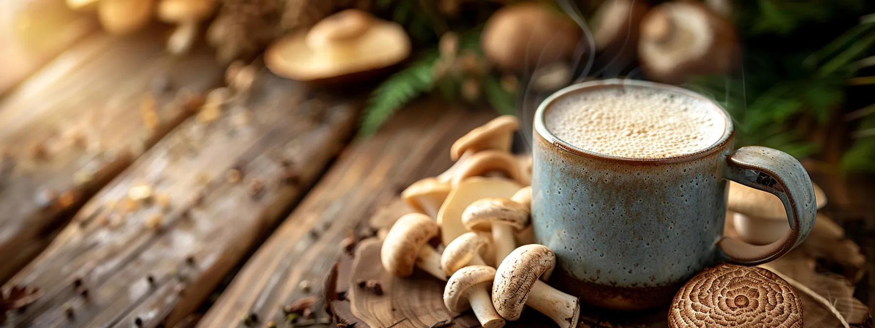 a vibrant, steaming cup of rich, earthy mushroom drink sits elegantly on a wooden table, surrounded by fresh mushrooms and botanical elements, embodying the essence of wellness and clarity amidst a soft, warm light.