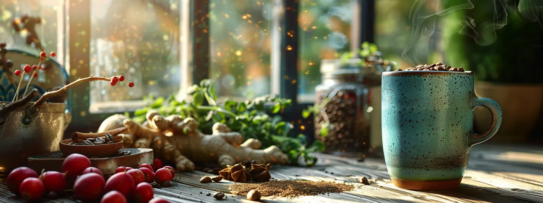 a vibrant, steaming mug of herbal coffee substitute sits atop a rustic wooden table, surrounded by fresh, colorful ingredients like roasted chicory root and fragrant spices, illuminated by warm, natural light streaming through a nearby window.