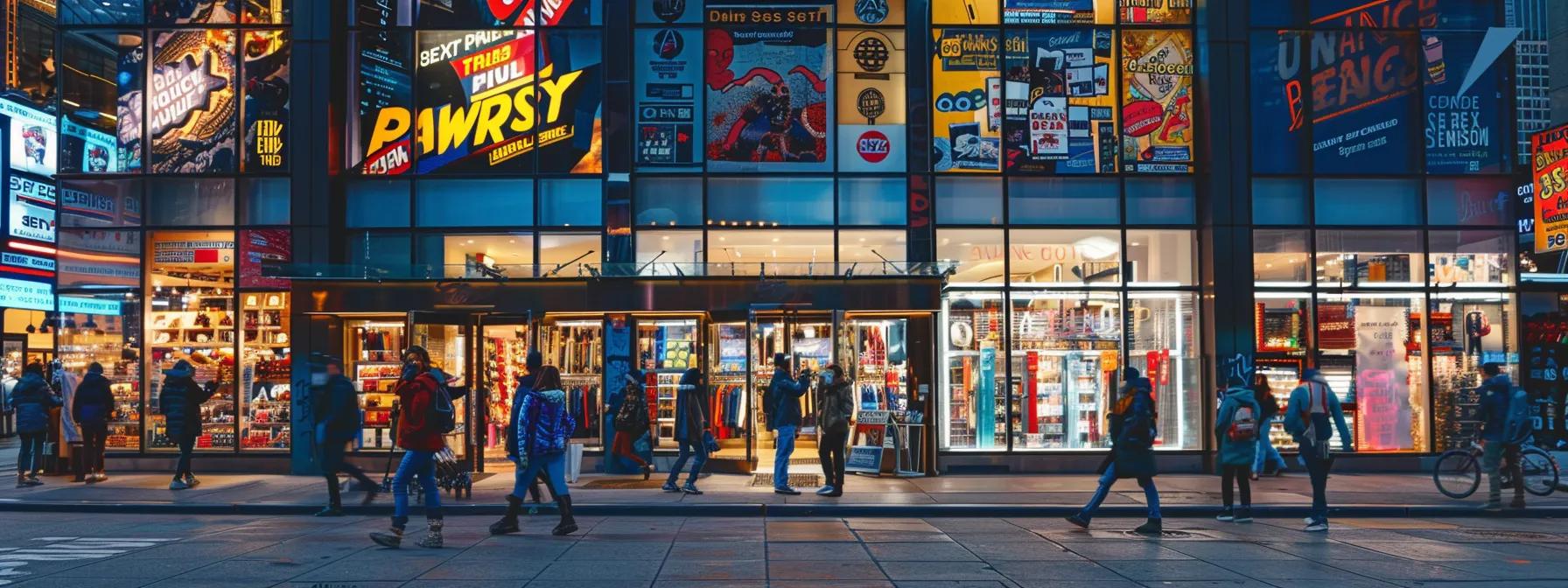 a vibrant storefront bustling with activity showcases eye-catching vinyl graphic signs, adorned with bold colors and dynamic designs, effectively promoting seasonal specials amidst an urban shopping center backdrop. a vibrant storefront bustling with activity showcases eye-catching vinyl graphic signs, adorned with bold colors and dynamic designs, effectively promoting seasonal specials amidst an urban shopping center backdrop.
