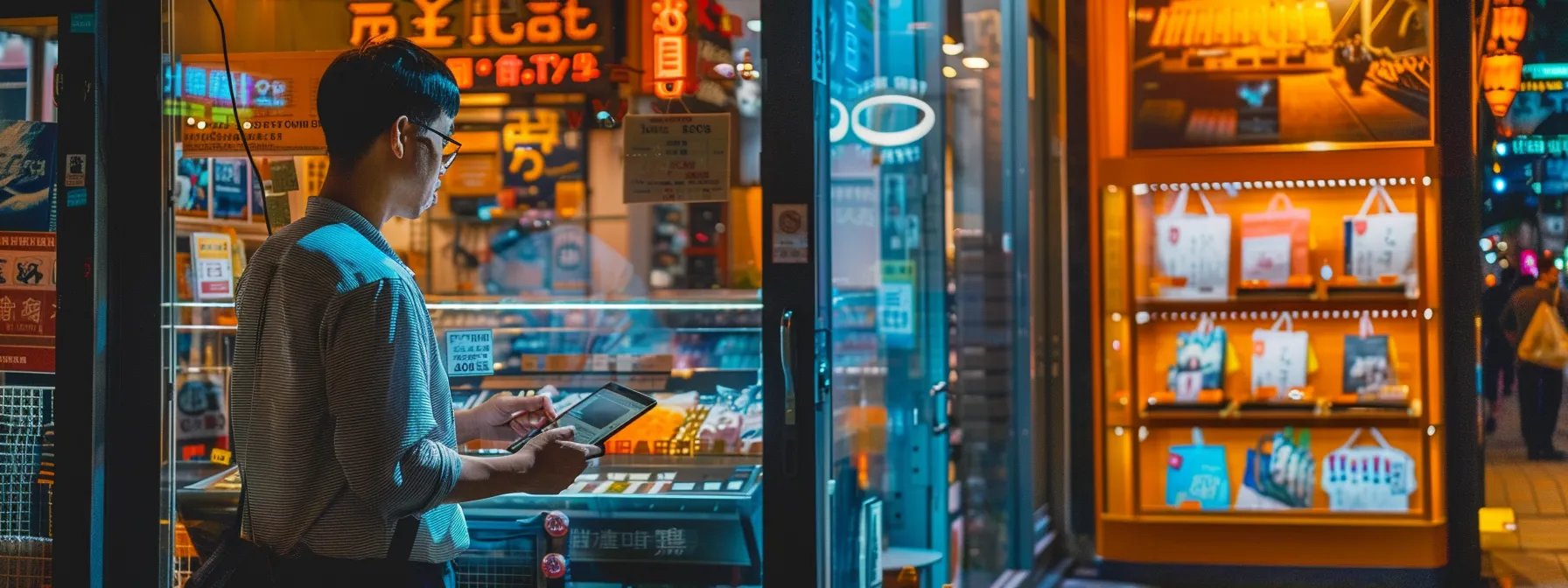 a vibrant storefront displays eye-catching signage and graphics, while a data analyst reviews customer foot traffic and sales analytics on a digital tablet, capturing the essence of strategic business improvement in an urban retail environment. Measure the Impact of Your Storefront Signage