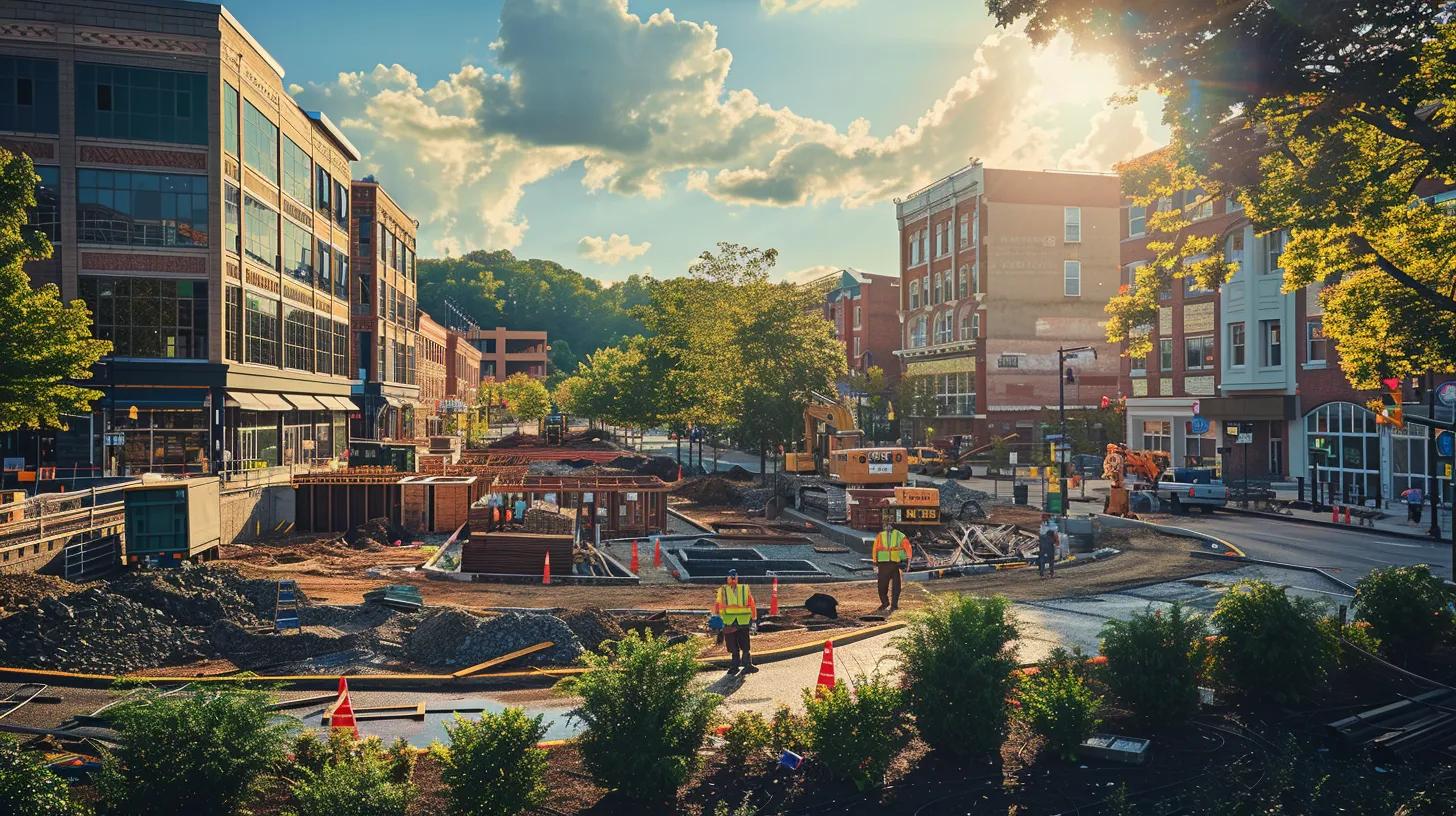 a vibrant streetscape in knoxville showcases a bustling local construction site, featuring cheerful workers collaborating on a community project, with rustic brick buildings and green trees framing the backdrop under warm, golden sunlight. a vibrant streetscape in knoxville showcases a bustling local construction site, featuring cheerful workers collaborating on a community project, with rustic brick buildings and green trees framing the backdrop under warm, golden sunlight.