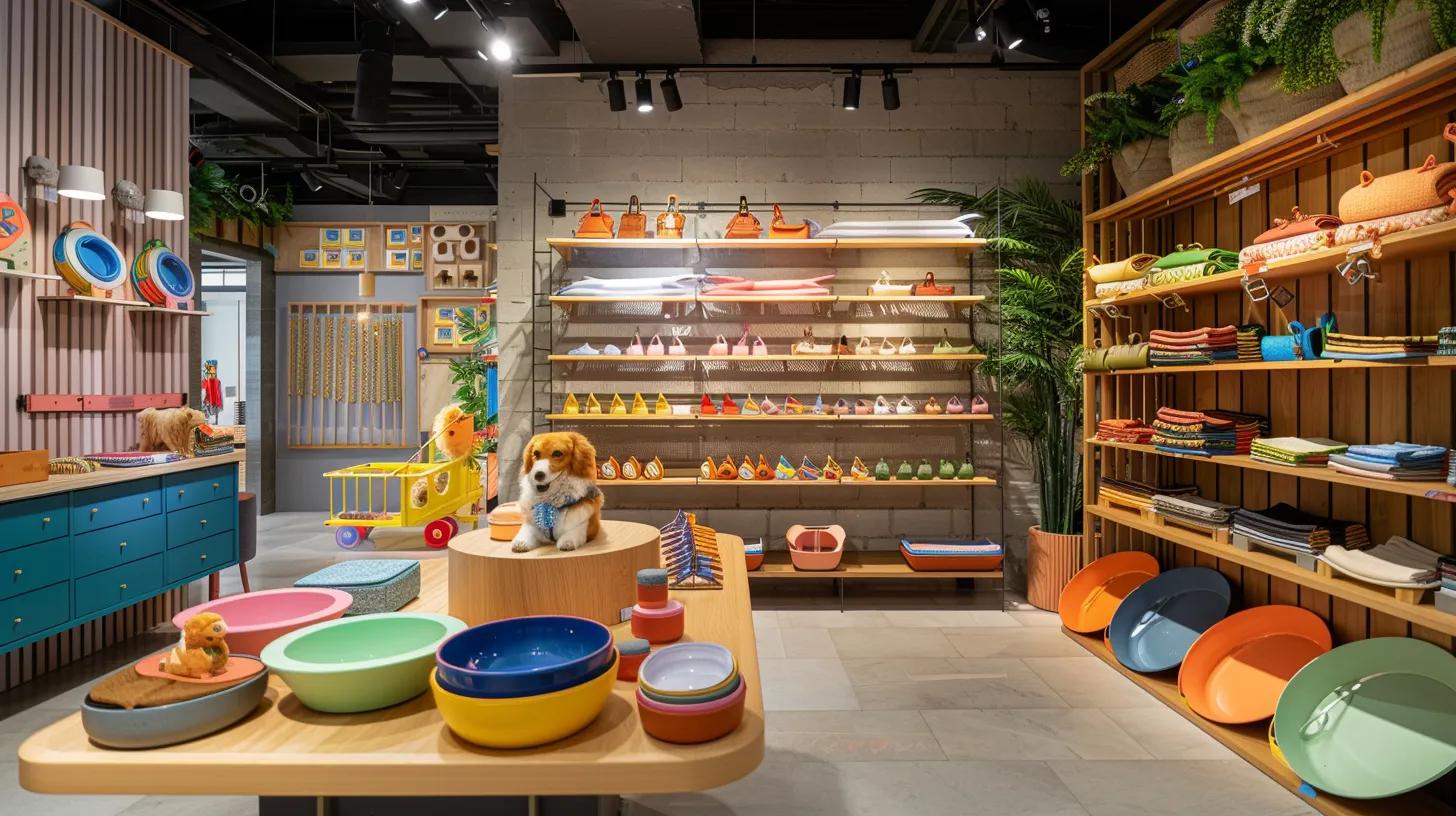a vibrant, stylish pet accessories display in a modern retail setting, showcasing a curated selection of chic collars, leashes, and feeding bowls, all designed to highlight individuality and functionality.
