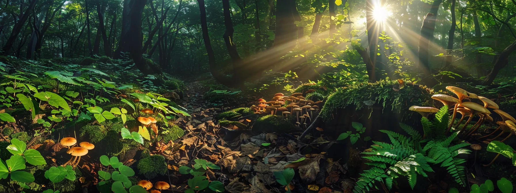 a vibrant, sunlit forest setting showcases rich, lush mushrooms growing organically amidst verdant foliage, symbolizing the harmony between sustainability and nature's bounty, inviting observers to appreciate the beauty of eco-friendly practices.