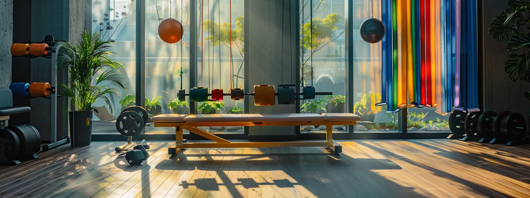 a vibrant, sunlit gym setting showcases an array of colorful resistance bands draped elegantly over a sleek, modern workout bench, highlighting the versatility and energy of fitness training.