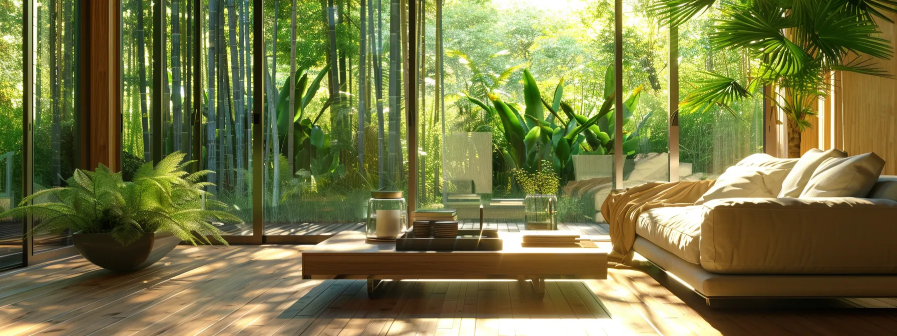 a vibrant, sunlit living room showcases eco-friendly bamboo flooring, blending modern aesthetics with sustainable materials, while lush greenery peeks through large windows, emphasizing a commitment to environmental living. a vibrant, sunlit living room showcases eco-friendly bamboo flooring, blending modern aesthetics with sustainable materials, while lush greenery peeks through large windows, emphasizing a commitment to environmental living.